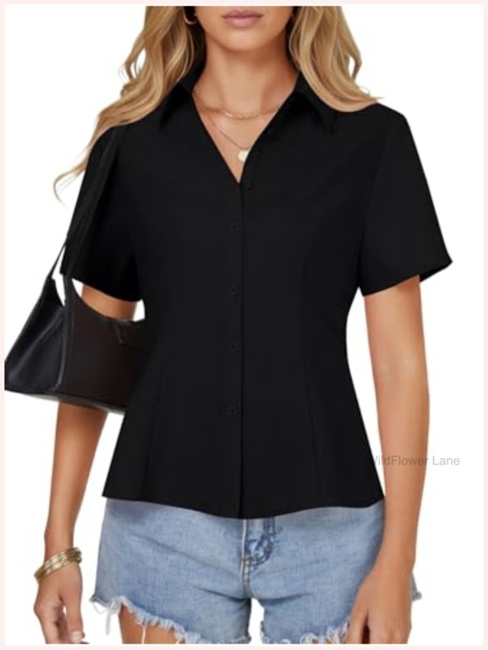 Women's Short Sleeve Collared Work Blouse, Lightweight Polyester Button Down Top